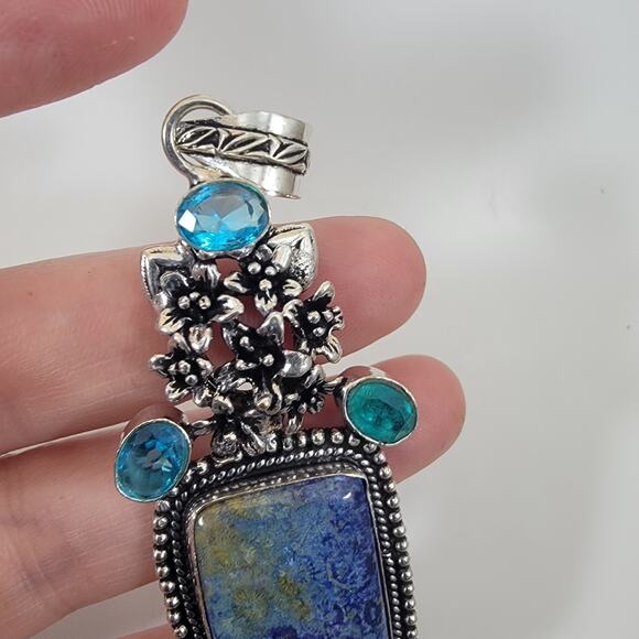 Blue Azurite Pendant with Sterling Silver Floral Design and Blue Topaz Accent - Picture 5 of 9